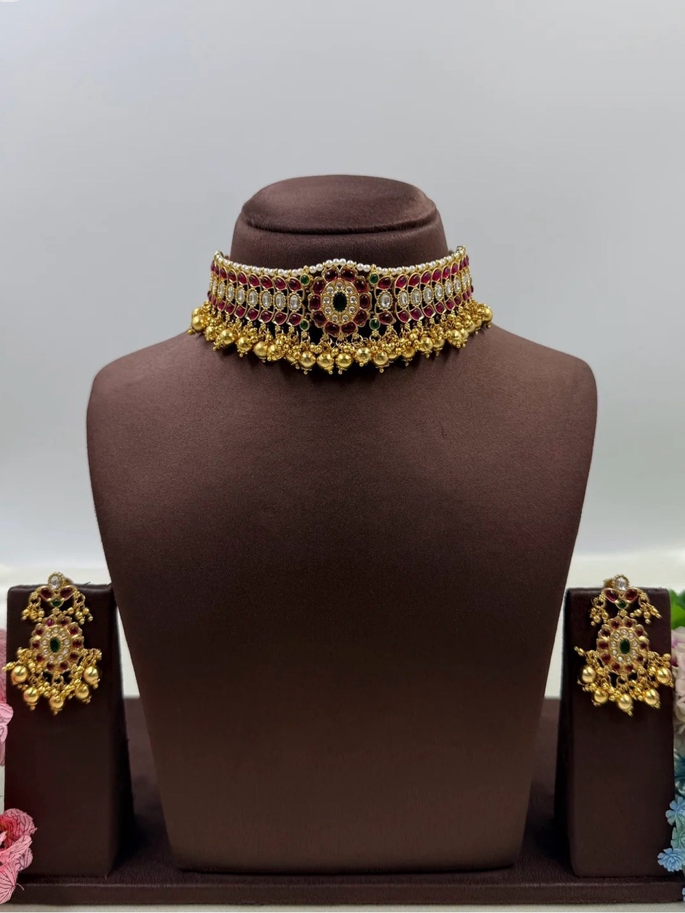 Gold-Tone Red and Green Kundan Choker Necklace Set